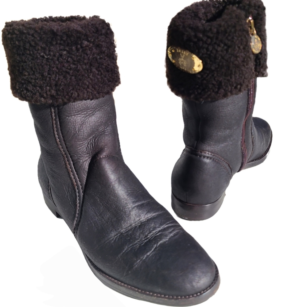 BALLY 'LIARD' Shearling Brown Italian Leather Winter Boots Cuff Gold Logo 36